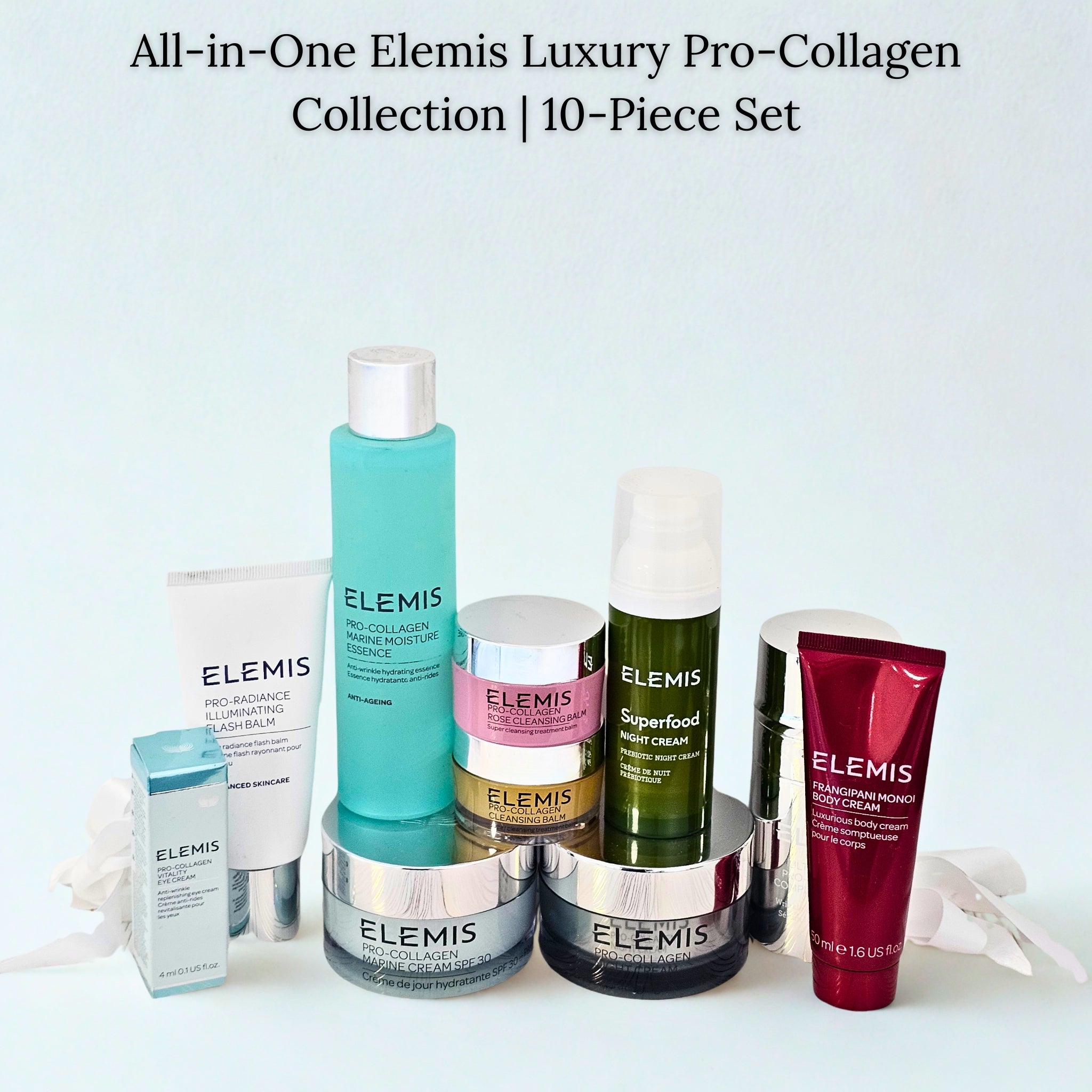 Elemis skincare products including bottles and jars on a light background