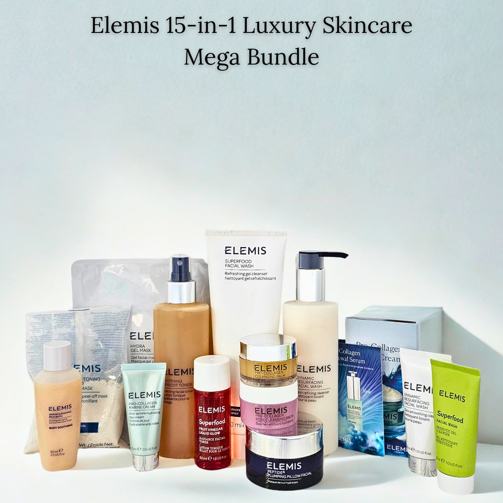 Elemis skincare products displayed with text 'Elemis 15-in-1 Luxury Skincare Mega Bundle' on a light gray background.