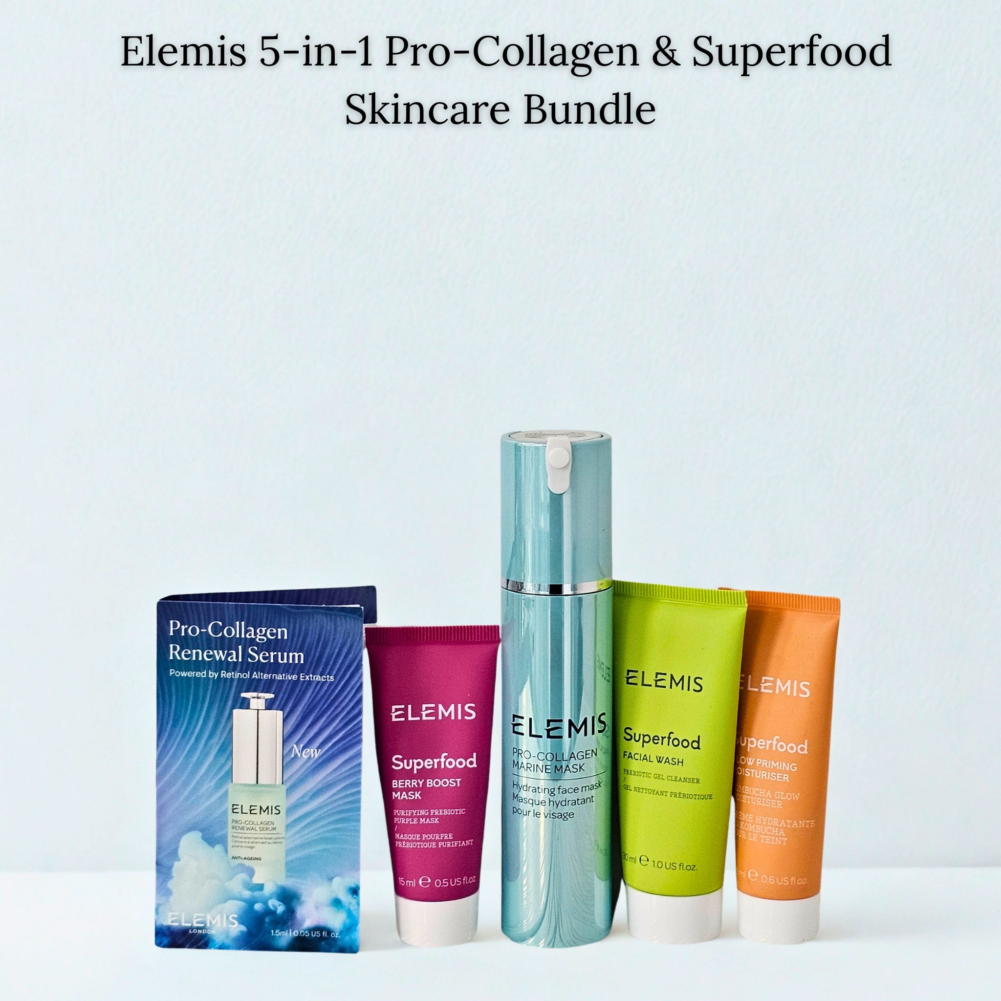 Elemis skincare products including serum, cream, and cleanser on a light blue background