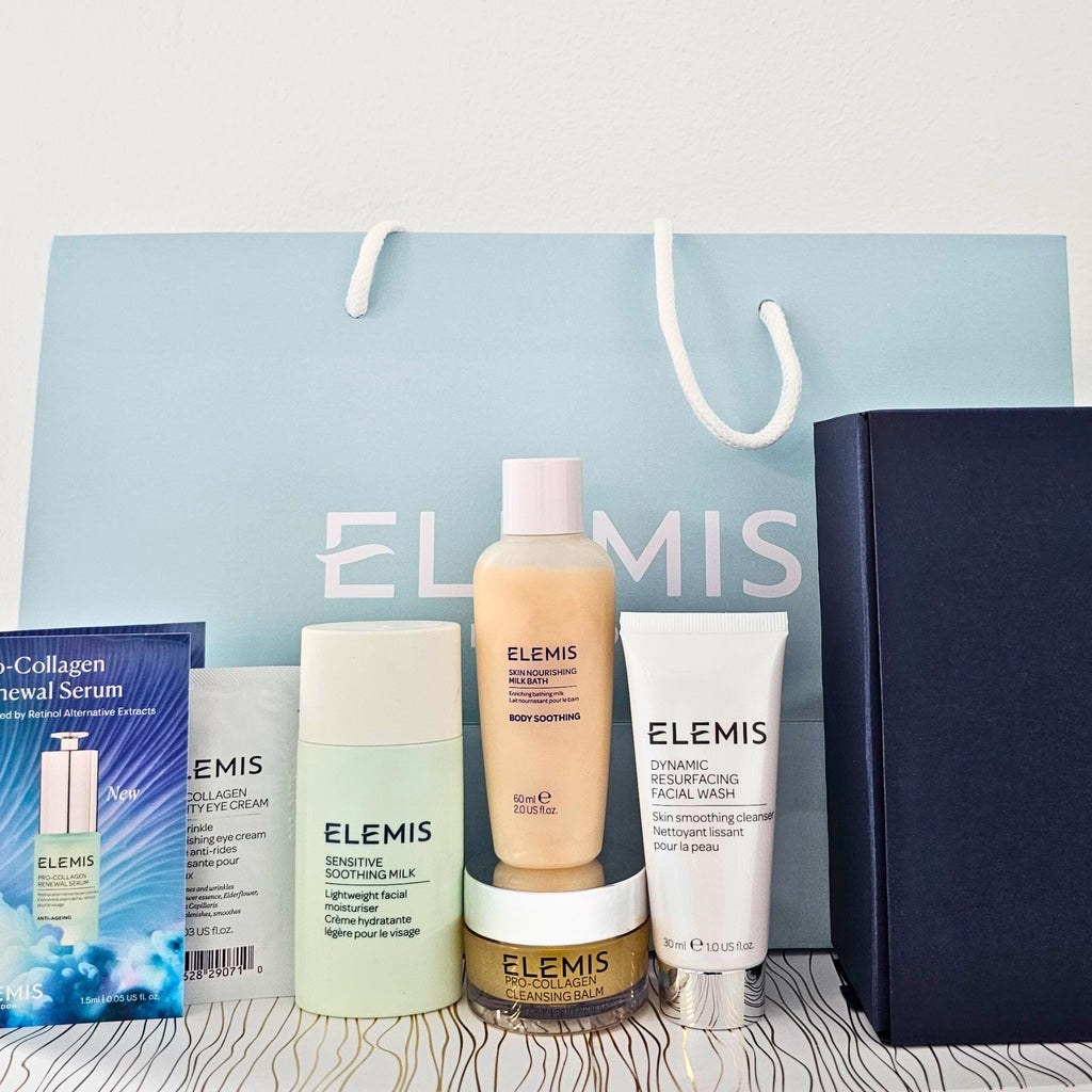 Elemis skincare products displayed in front of an Elemis branded bag. in cyprus