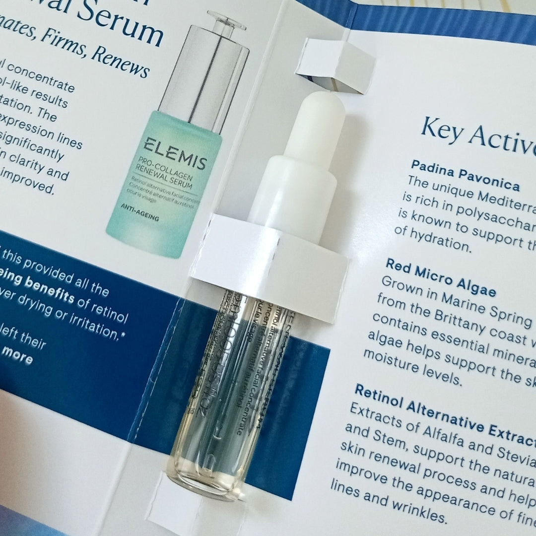 ELEMIS serum bottle on a magazine page with text about skincare ingredients. Cyprus trnc