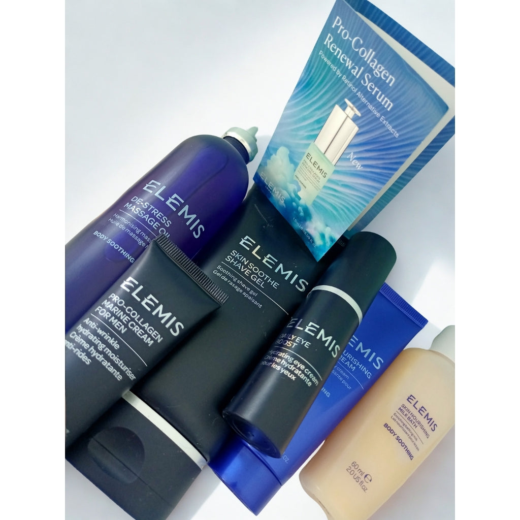 Collection of Elemis skincare products on a white background