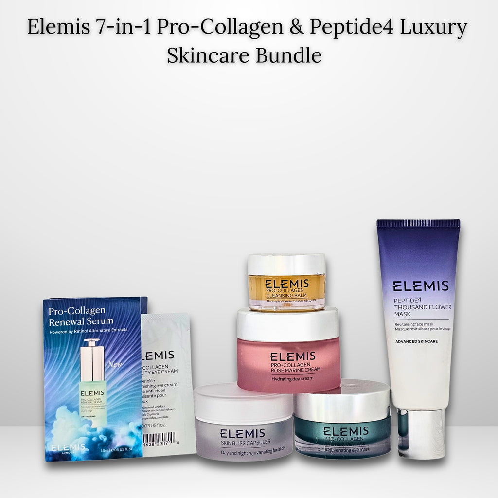 Elemis skincare products including a serum, cream, and mask on a white background