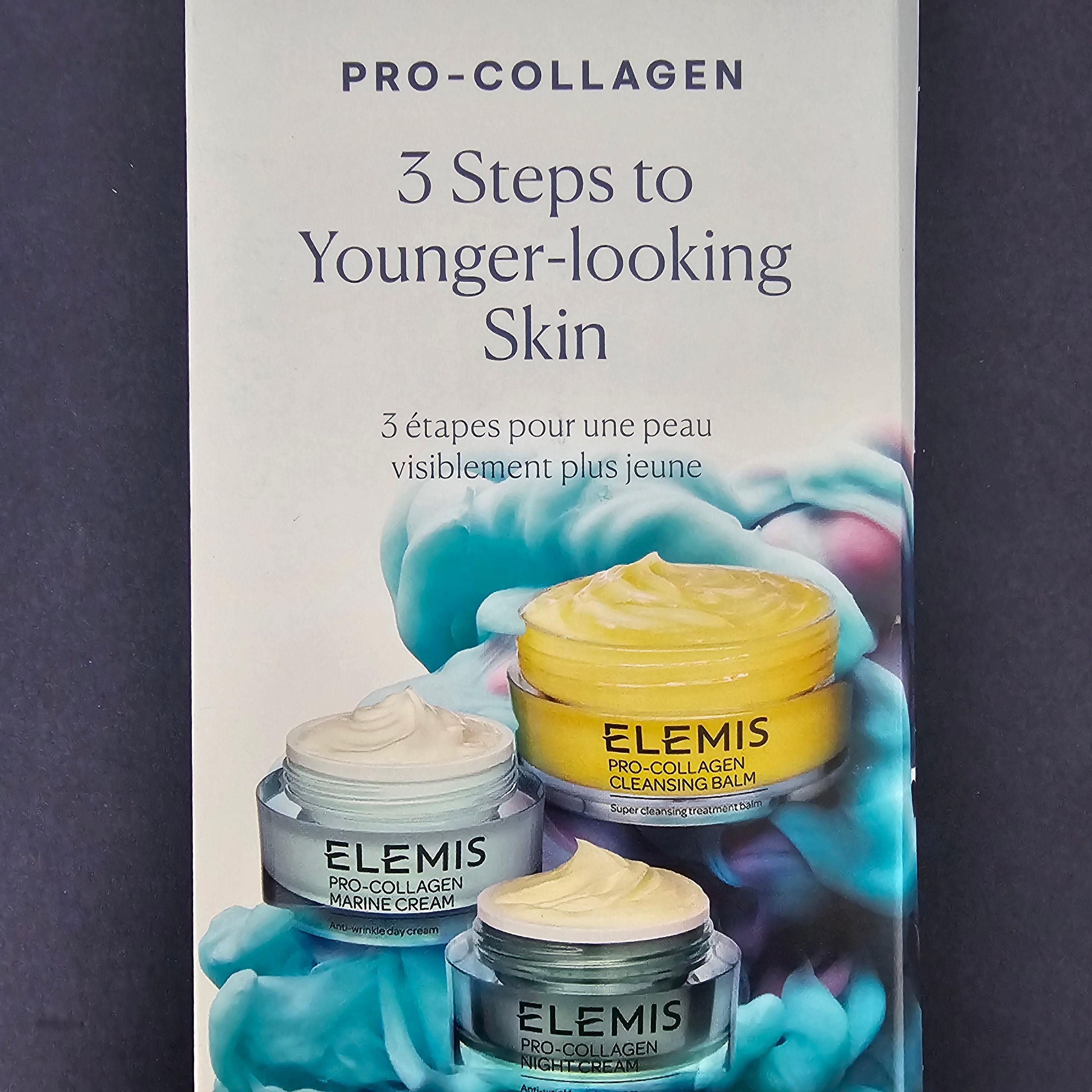 Elemis skincare product packaging with '3 Steps to Younger-Looking Skin' text on a dark background