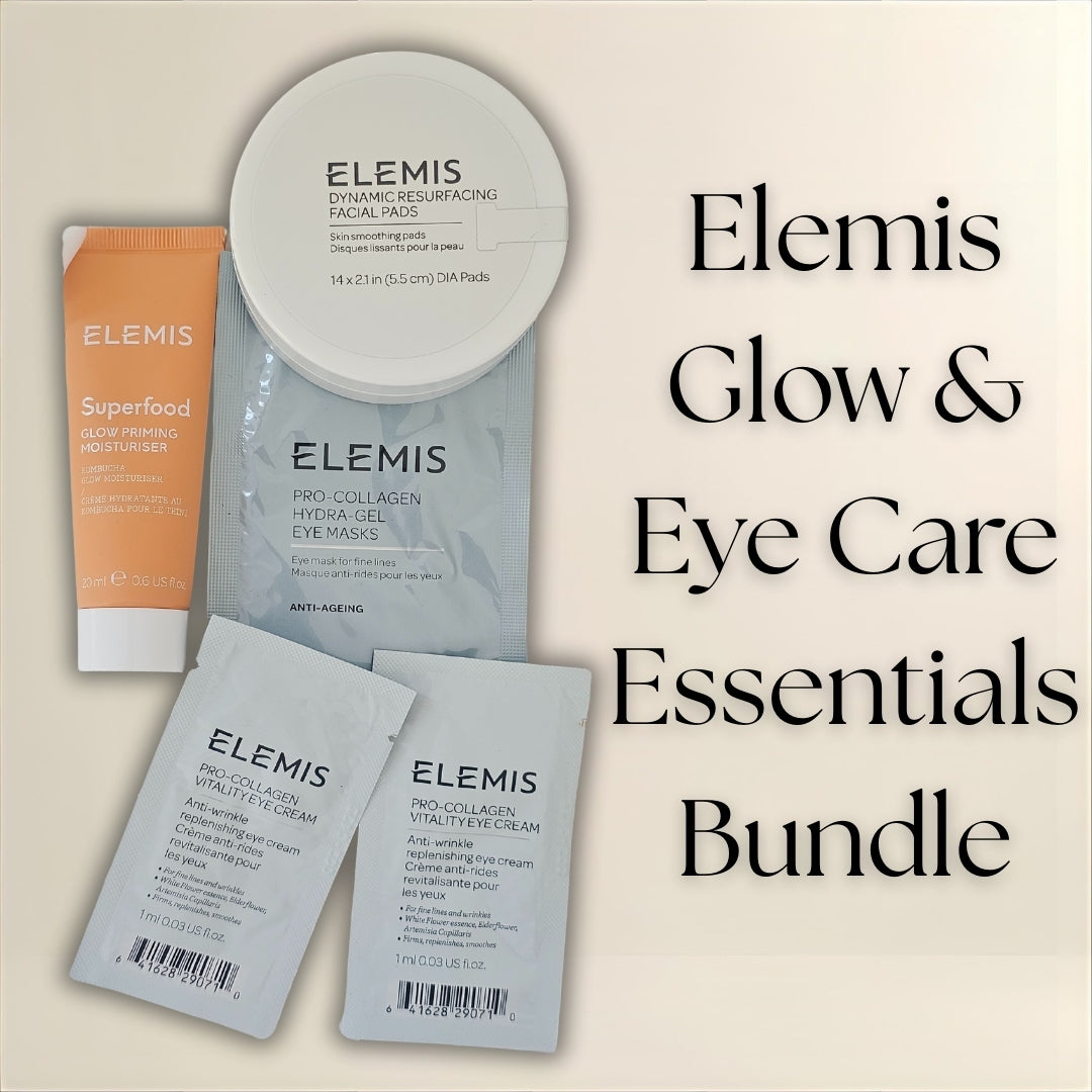 Elemis skincare products including eye masks, cream, and pads on a beige background with text 'Elemis Glow & Eye Care Essentials Bundle Cyprus trnc 