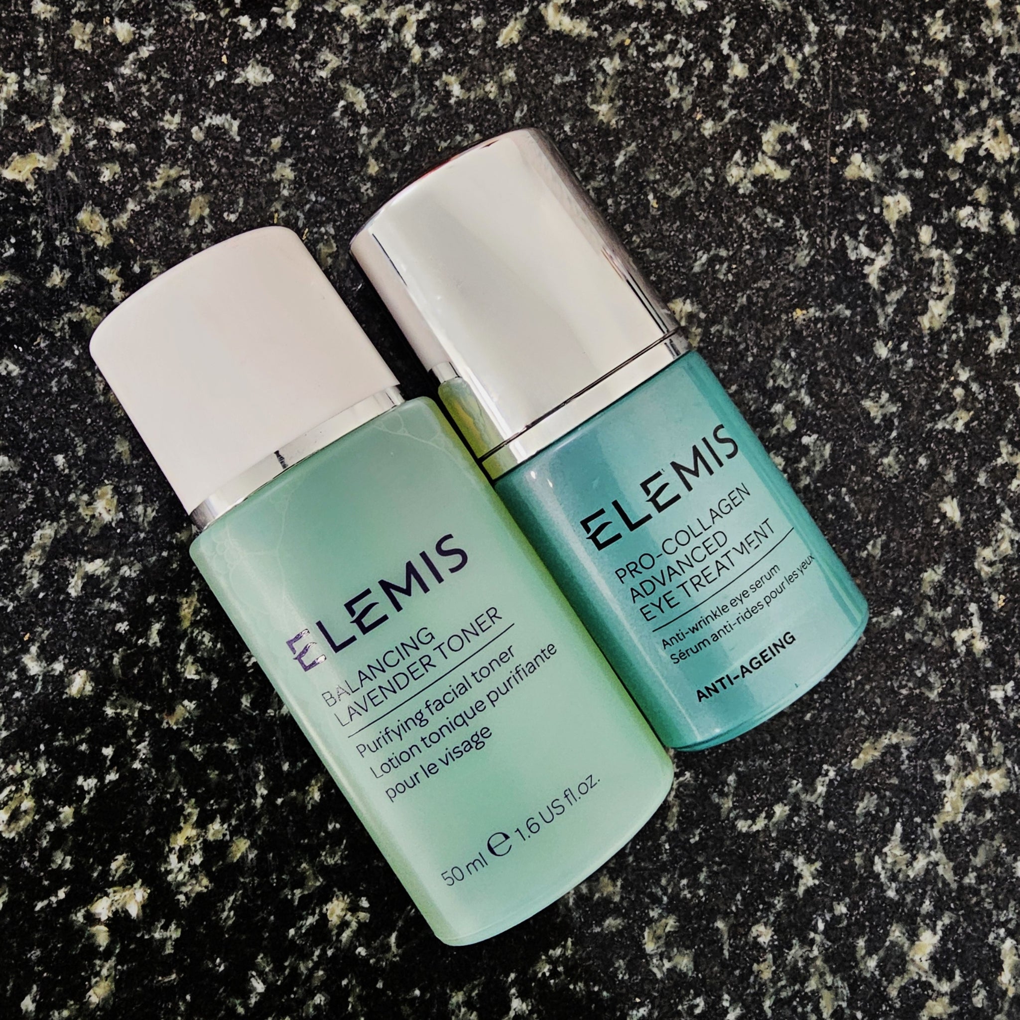 Elemis Balancing Lavender Toner 50ml – soothes and balances skin pH & Elemis Pro-Collagen Advanced Eye Treatment 15ml – targets fine lines and wrinkles