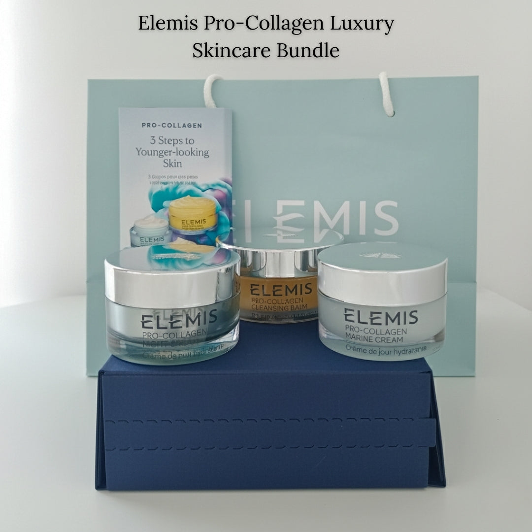 Elemis Pro-Collagen Luxury Skincare Bundle with three skincare products on a white background. Available in Cyprus, trnc.