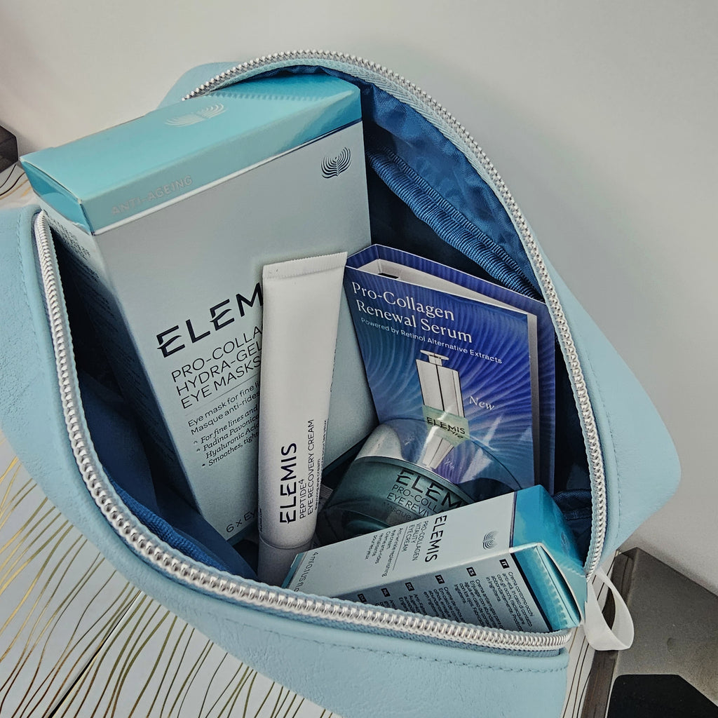 Open light blue makeup bag with Elemis skincare products inside, are available in cyprus and trnc.