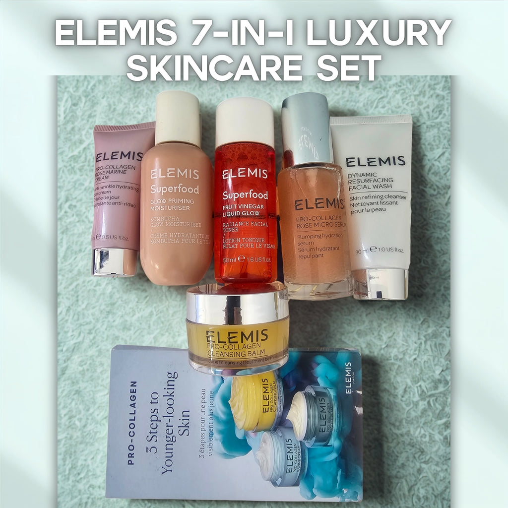 Elemis skincare set with various products on a textured background
