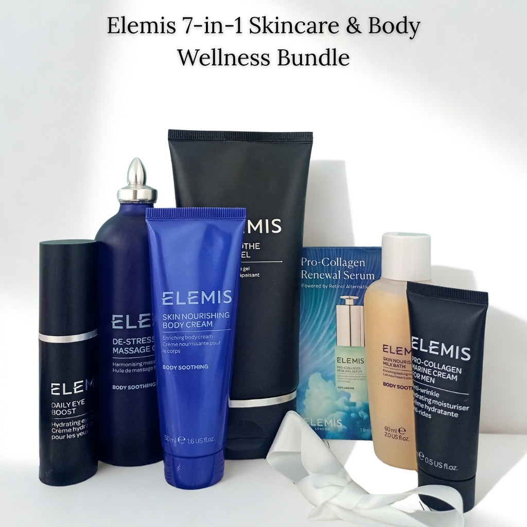 Elemis skincare and body wellness bundle with various products on a white background. Available in Cyprus, trnc