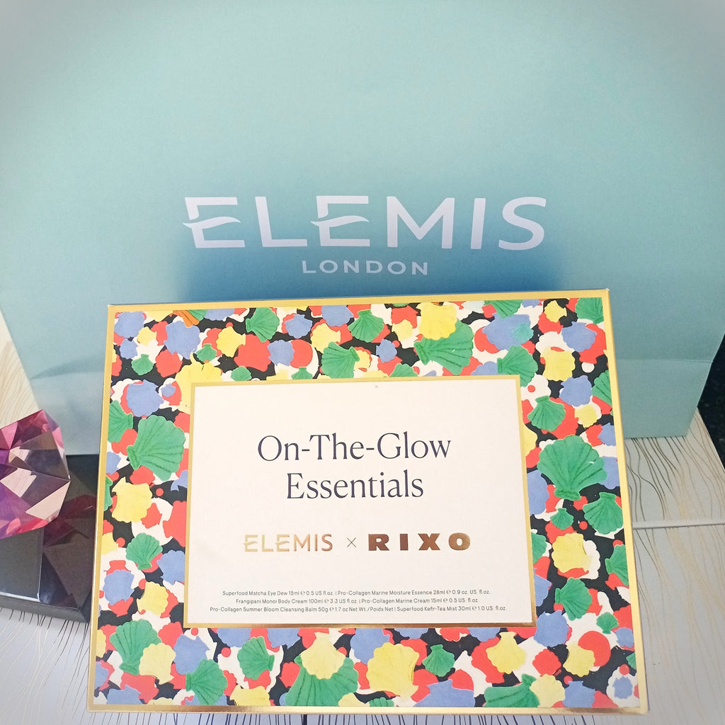 ELEMIS x RIXO On-The-Glow Essentials packaging with colorful design on a light blue background cyprus trnc