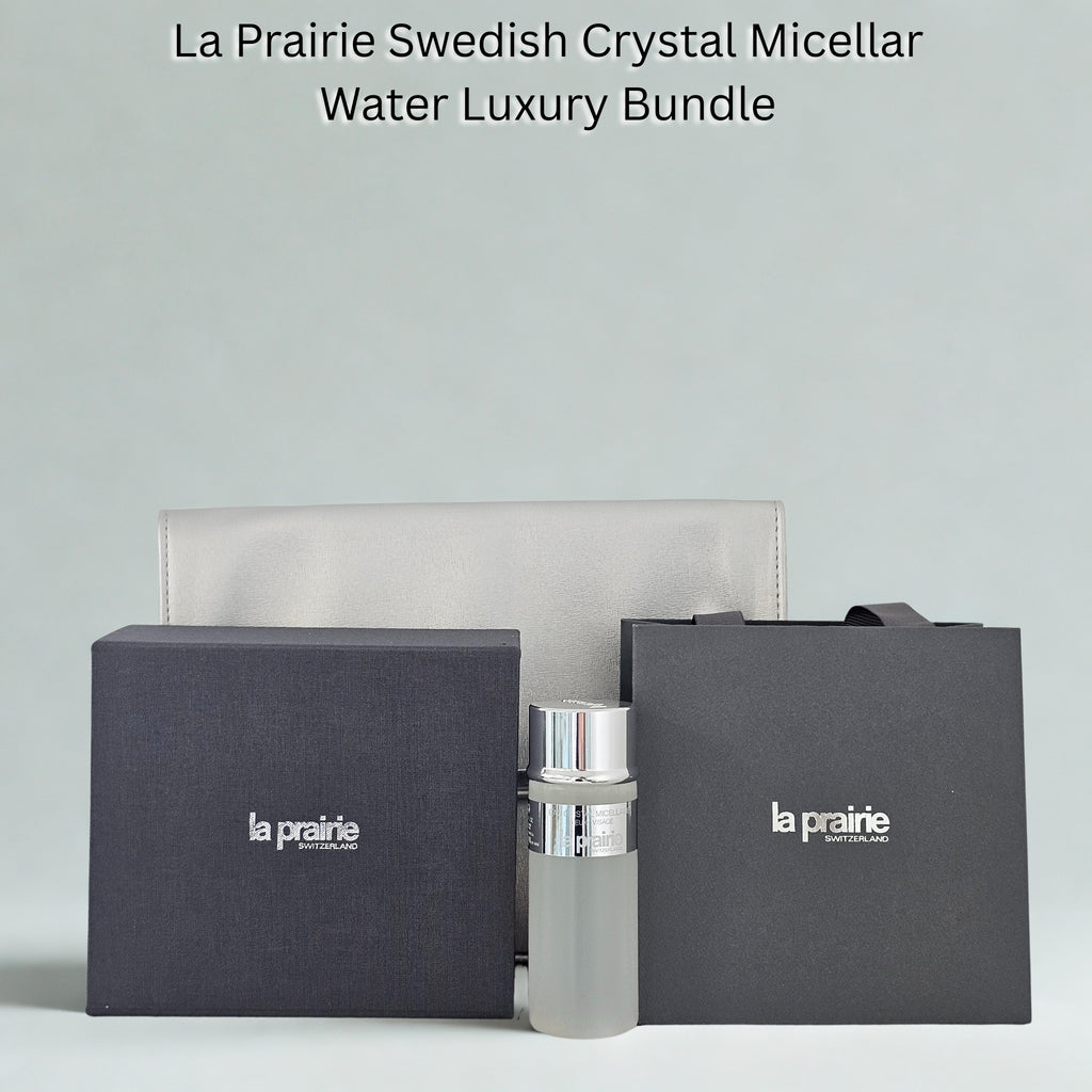 La Prairie Swedish Crystal Micellar Water Luxury Bundle with a bottle and packaging on a light gray background - Lüks mücevher kutusu elegant aksesuar kutusu, La Prairie seti TRNC’de